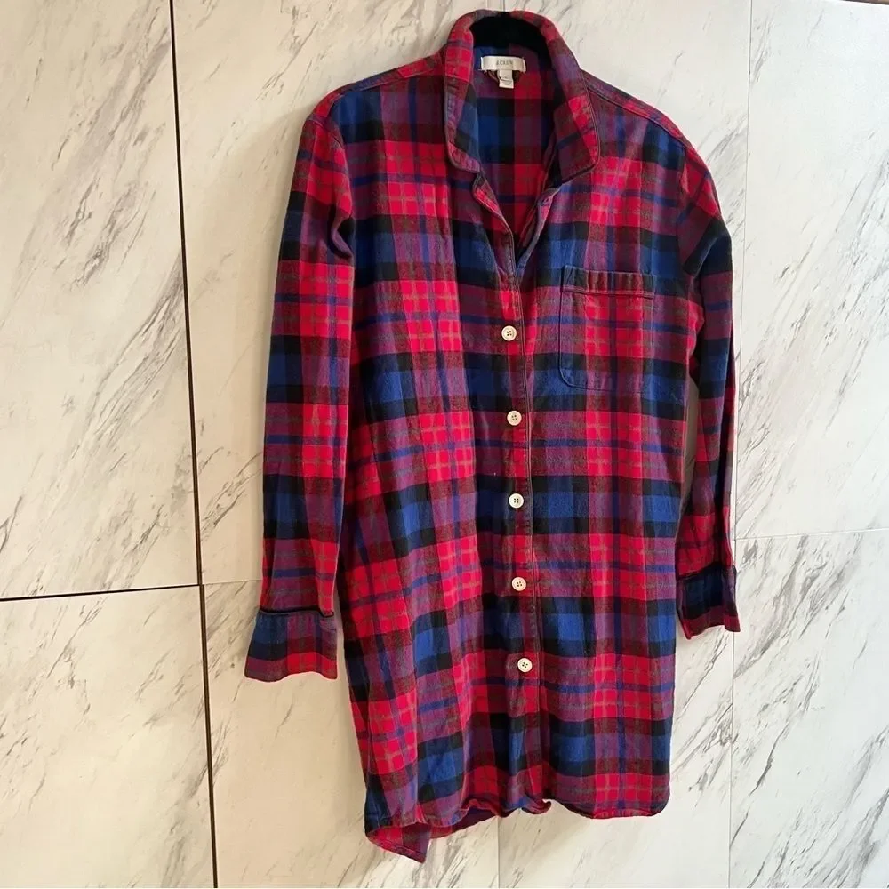 3/$50 J Crew Plaid Vintage Red Blue Cotton Button Down Flannel Shirt Tunic Small